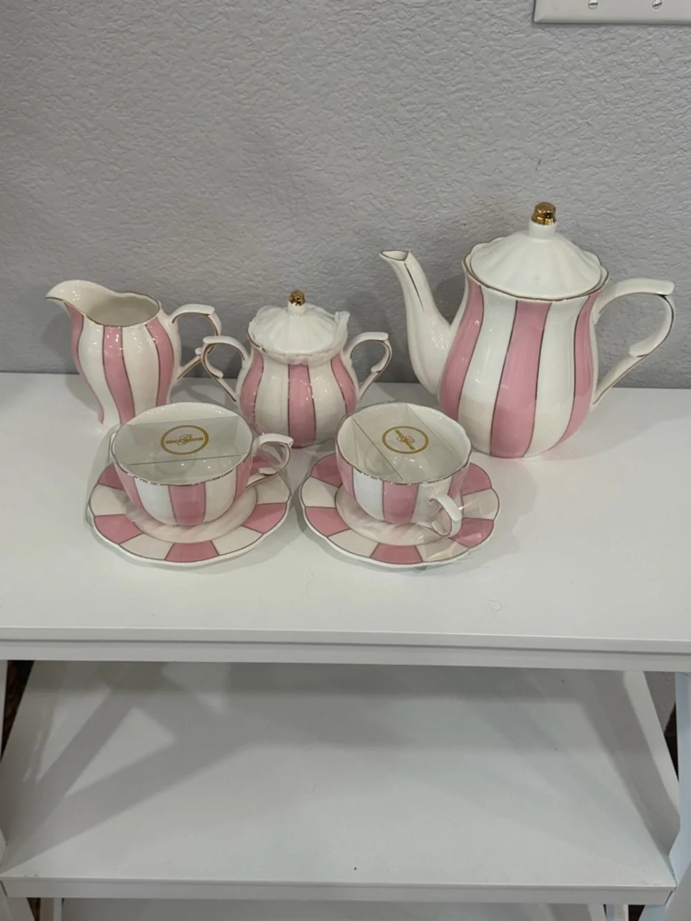 Pink & White Striped Porcelain Tea Set - Elegant Home Dining Mugs - Picture 1 of 1